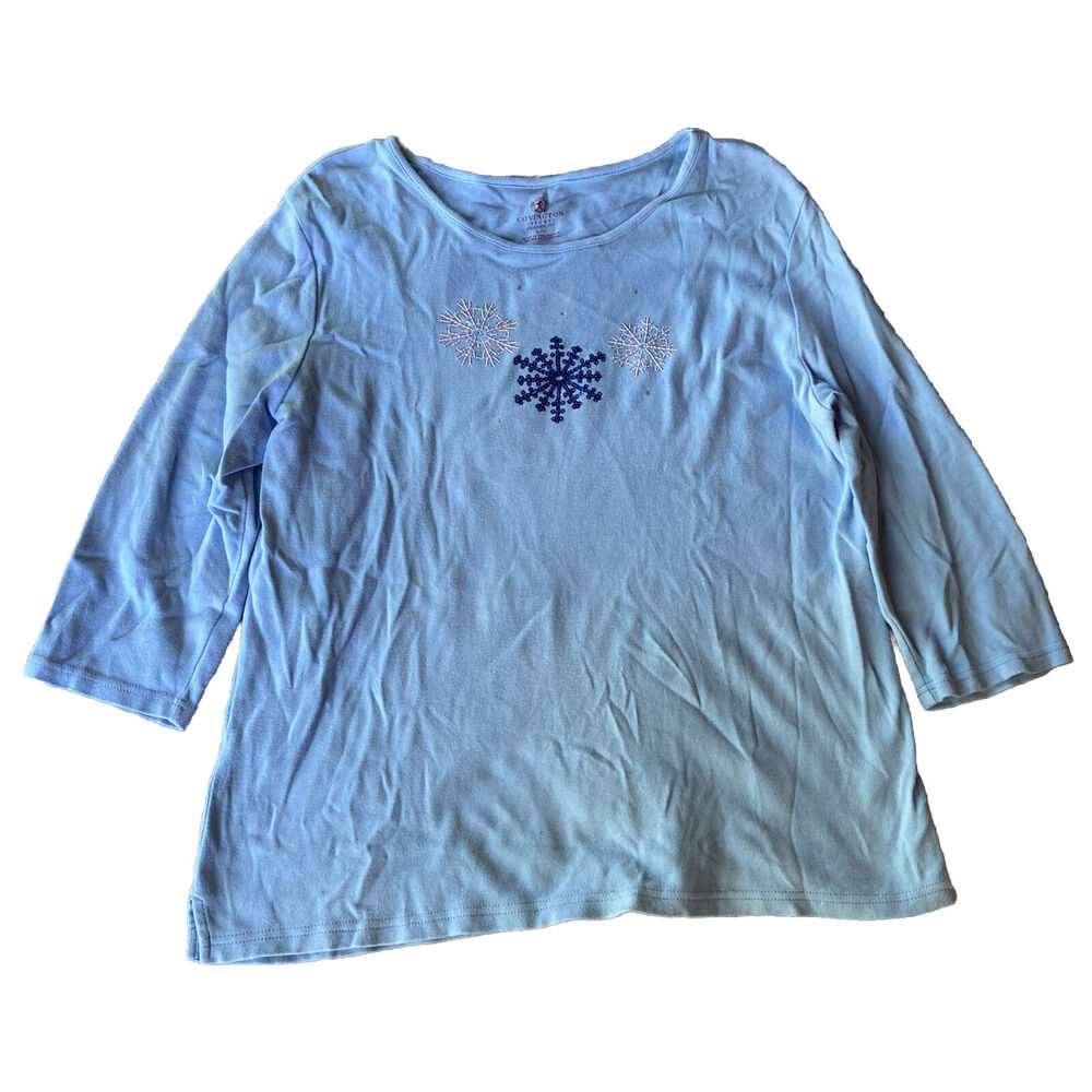 Covington Sport Sz L Shirt Blue Longsleeve Snowflake Winter Christmas Holidays